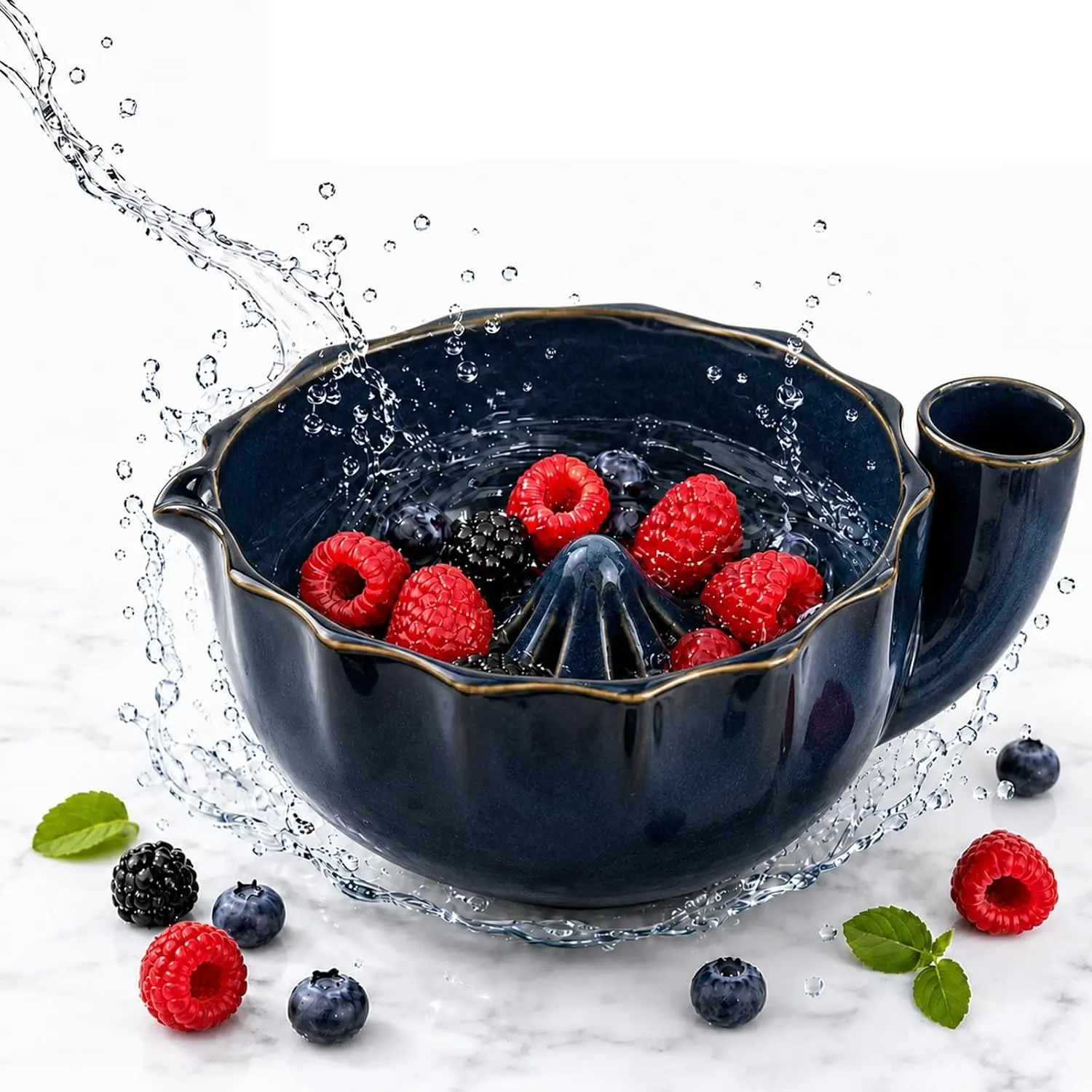 Self Rinsing Berry Washing Ceramic Bowl, 7'' Stoneware Colander Handmade Fruit Basket | Drain Holes for Quick Rinse | Kitchen Counter Strainer | Strawberry & Blueberry Washer