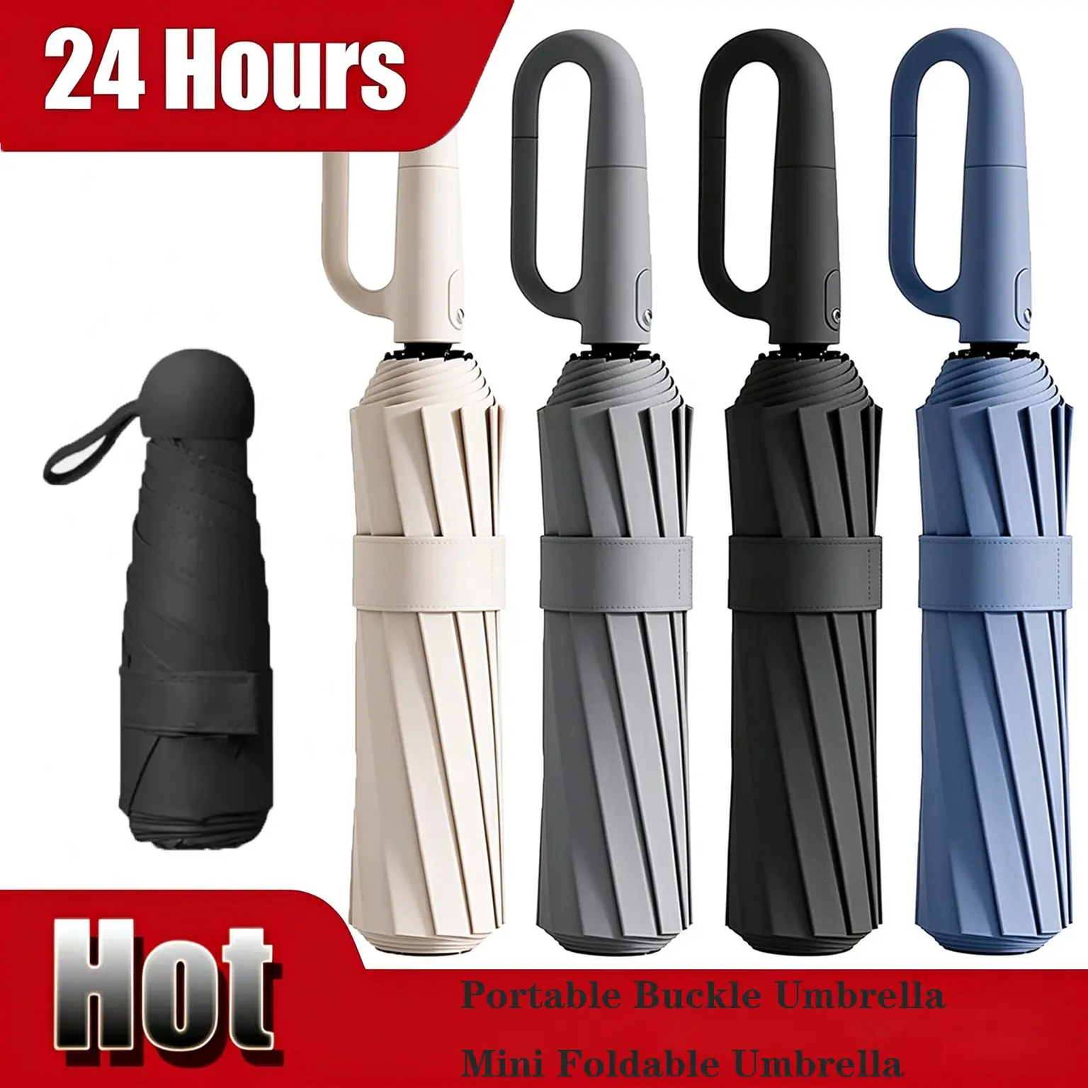 10Bones Windproof Fully Automatic Folding Umbrella/6Bones Mini Umbrella, With Loop Buckle, UPF50+ Sun Protection, Portable Compact Sun & Rain Umbrella for Men and Women