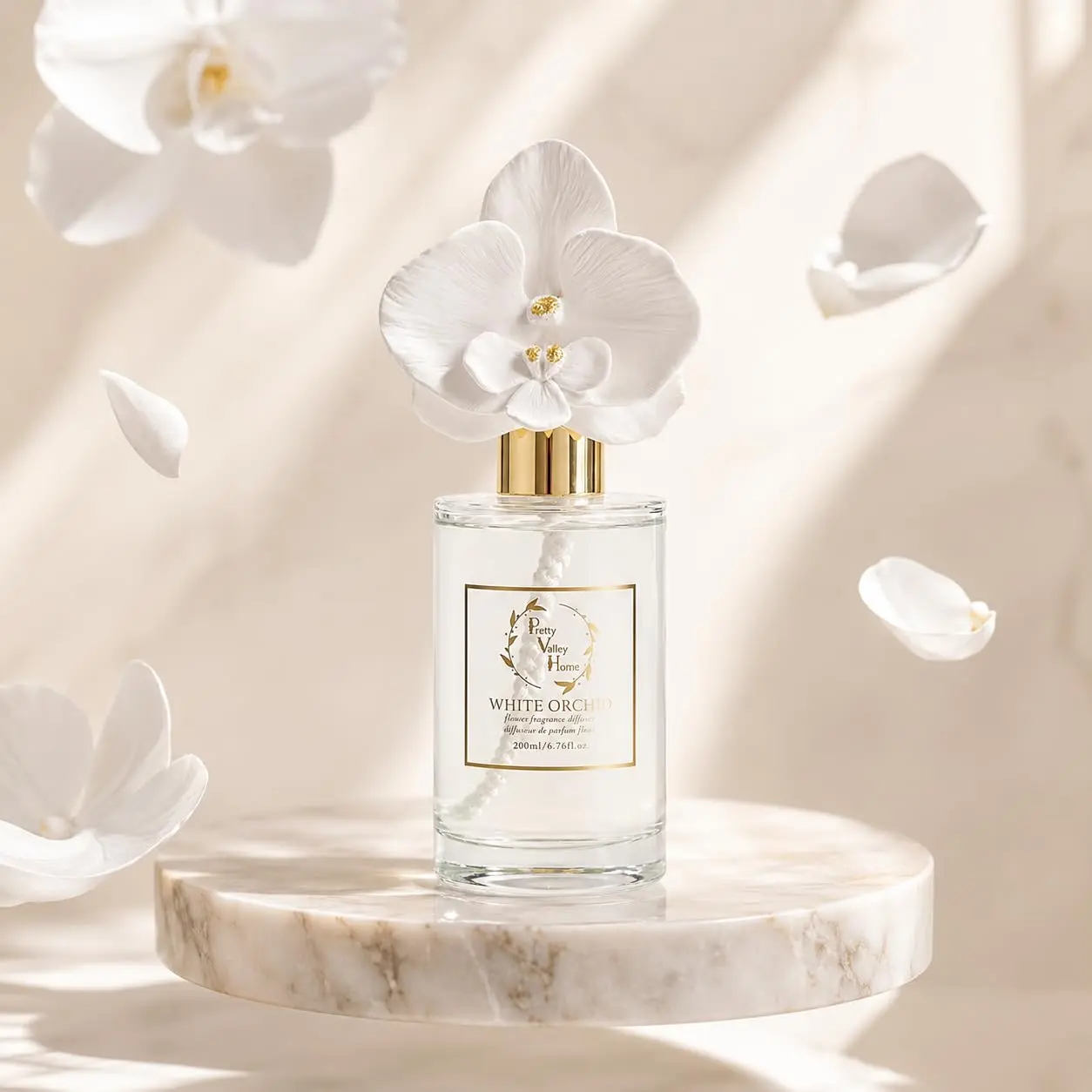 Pretty Valley Home-Reed Diffuser Set, White Orchid Ceramic Flower Scent Diffuser (6.76 fl. oz/200mL) - Home Fragrance for Bathroom, Living Room Decor & Office Use