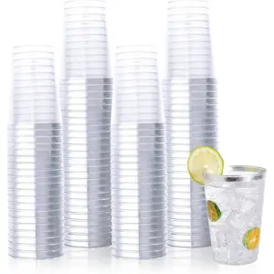 150 Pack 12 OZ Reusable Silver Rimmed Clear Plastic Cups, Disposable Heavy Duty Plastic Cups for Party, Christmas, Wedding, Thanksgiving, Halloween