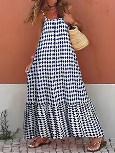 [Plus Size] Geometric Print Cami Spaghetti Strap Dress, Fashion Casual Bohemian Sleeveless Dress for Daily Holiday Vacation Wear, Women Plus Clothing for All Seasons, Casual Boho Fit