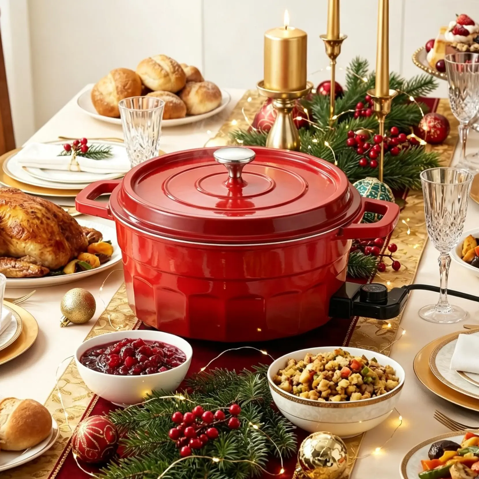 aor Multifunctional Red Enamel Dual-Zone Electric Hot Pot for 3-4 People, 5-Second Instant Heat, High-Temperature Resistance, Non-Stick Coating for Easy Cleaning, Easy Storage, Home Use Kitchen Appliance