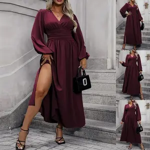 Women's Plus Size Long Dress, Solid Color Pleated V-Neck Lantern Sleeve High Slit Dress, Suitable for Party and Club, Elegant Slim-Fit Long Dress, Suitable for Party and Date, Birthday Dress 2026