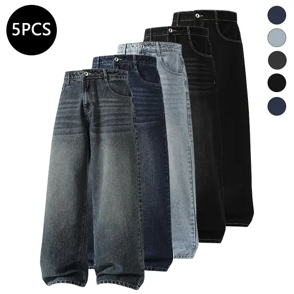 5-Pack Men’s Summer Straight-Leg Washed Jeans — Trendy High-Street/Streetwear Style, Versatile Casual Loose Long Pants for Men