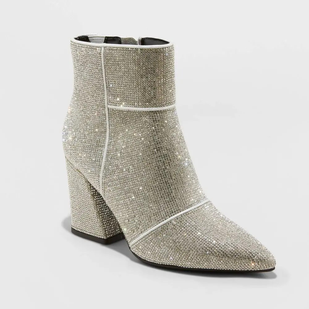 Women's Cailin Rhinestone Wide Width Ankle Boots - A New Day Silver 7W: Cushioned Insole Block Heel