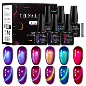MEET ACROSS 7pcs Stellar Glow Magnetic Gel Nail Polish Set, Red Purple Series Starry Sky Effect UV LED Cat Eye Gel Polish, Ideal Gift for Women & Girls, Liquid Polish