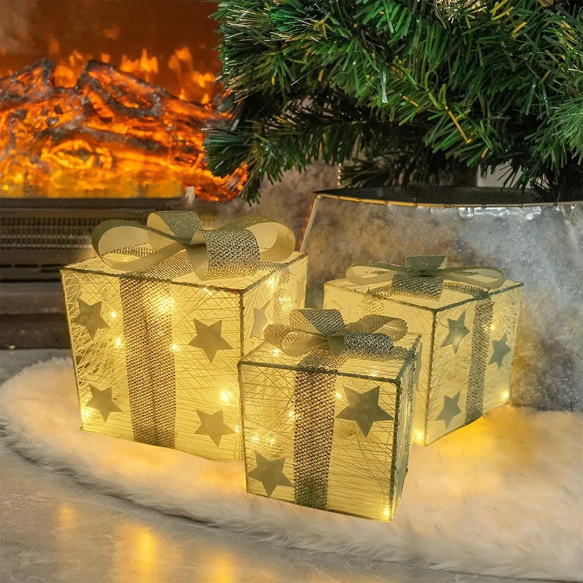 Christmas Light Up Gift Box, 3 Counts/set Battery Operated Gift Box with Bowknot, Decorative Light for Home Office Dormitory School Festival(AA Battery*3, Not Included)