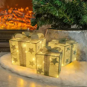 Christmas Light Up Gift Box, 3 Counts/set Battery Operated Gift Box with Bowknot, Decorative Light for Home Office Dormitory School Festival(AA Battery*3, Not Included)
