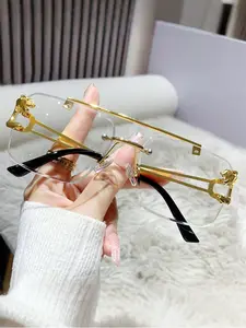 Unisex Metal Frameless Leopard Head Decor Glasses, Zinc Alloy PC Lenses, Casual Outdoor & Business Use, Multi-Color Options