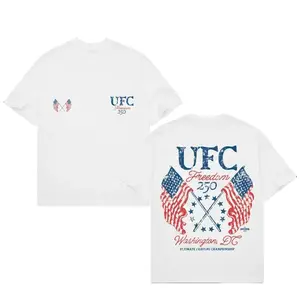 UFC Freedom 250 Washington DC Double Sided TeeFront Mini Crossed Flag Chest Print Back Large Vintage USA Flag Graphic 100% US Cotton White Oversized Unisex Tshirt For Men Women MMA Patriotic Fan Gift