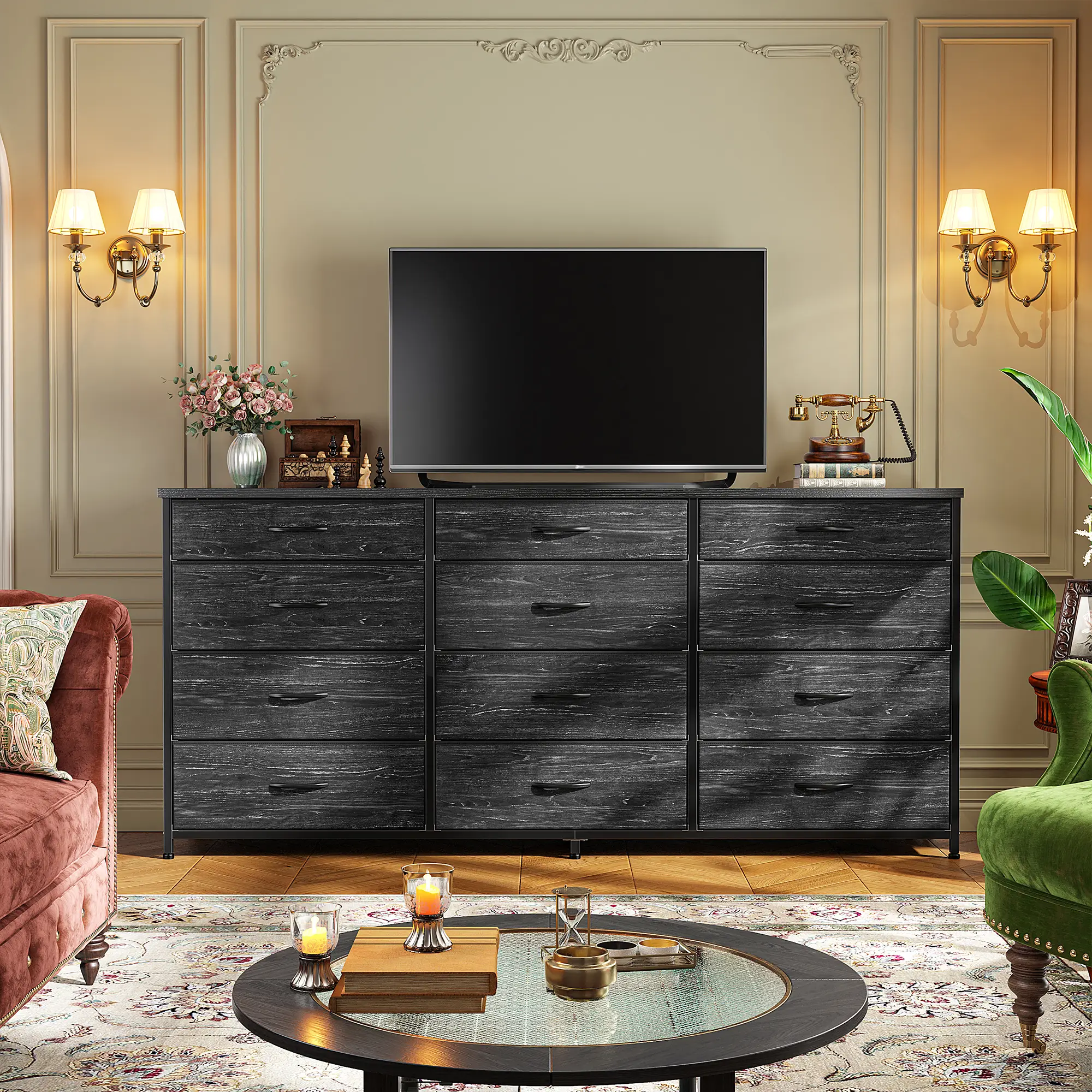 RaybeeFuniture 55" Long Dresser for Bedroom with 12 Fabric Drawers, Entertainment Center for 60 inch TV Dressers & Chests of Drawers, Large Storage Or
