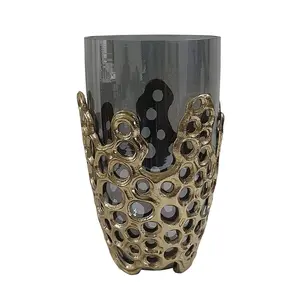 360 Stand 11 in. Minimalist Modern Gray & Gold Round Glass Decorative Vase - 360-Degree Stand Design, Ideal for Living Room Table Centerpieces, Holding Flowers, Great Gift for Home Supplies Enthusiasts