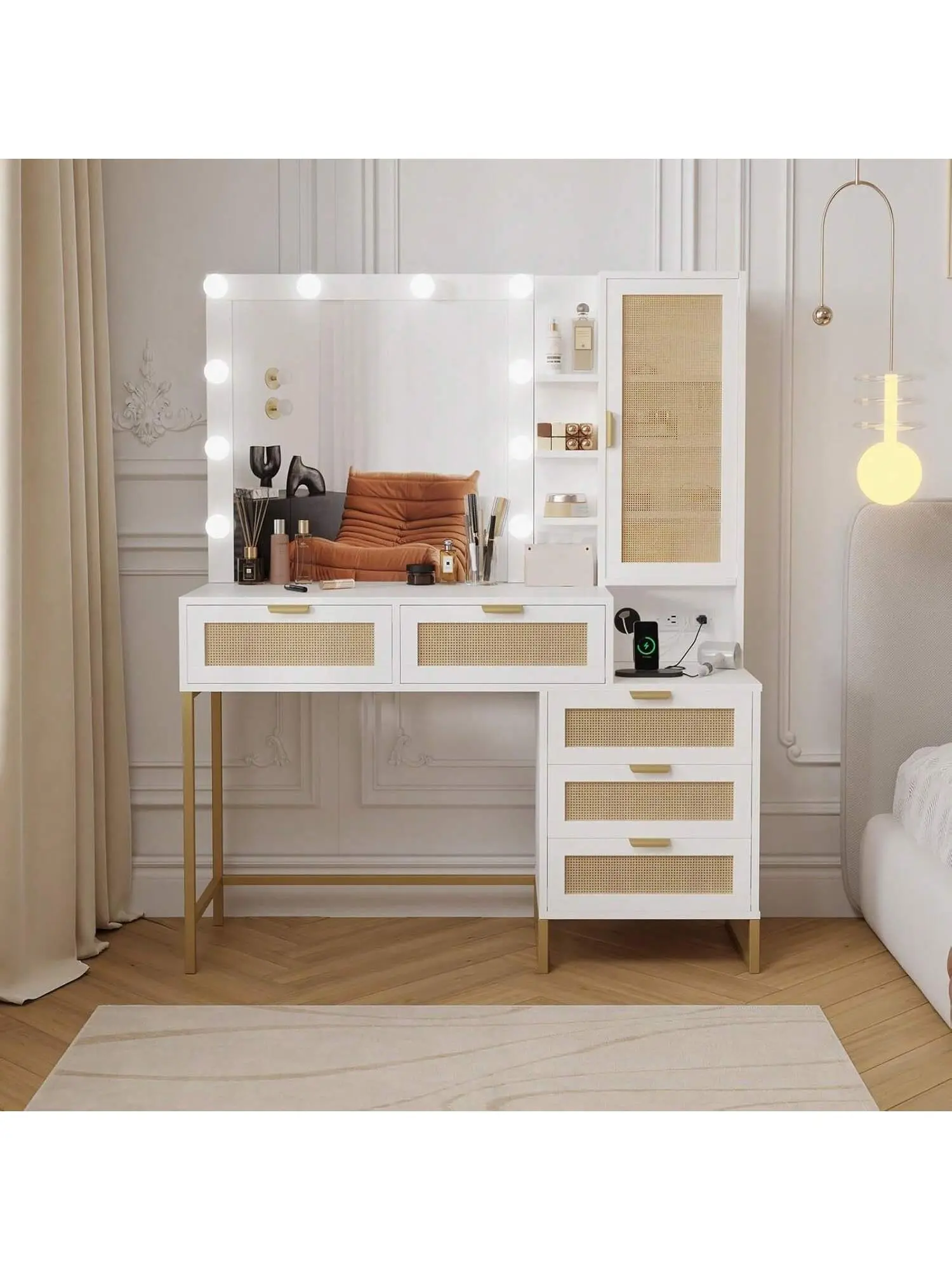 【Christmas Gift】White & Gold Rattan Frame Vanity Desk with Lighted Mirror, Adjustable Lighting, 5 Drawers, Built-in Charging Station, Anti-Tip Device, Spacious & Organized Layout, Storage for Bedrooms, Homes With Children, Single Unit