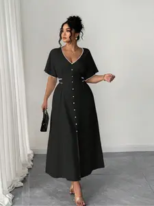 Plus Size Women's Elegant A-Line Woven Dress, Long Sleeve V Neck Ruffle Design, Casual Summer Fashion, Available in Multiple Colors Womenswear