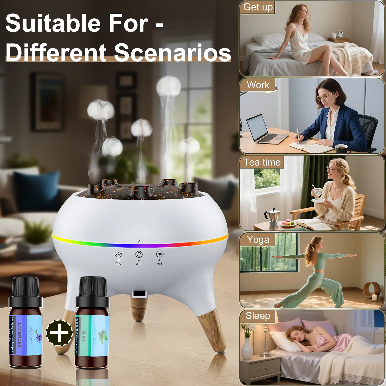 Jellyfish Fragrance Machine Diffuser & Humidifier for Home, Desktop Dynamic Multi-Spray Flame Aromatherapy Device with Large Fog Output, Colorful Lights, Remote Control, Diffusers