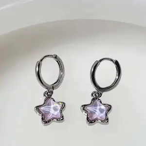 Pop Y2K Pink Moonlight Stone Star Pendant Earrings For Women Egirl Fashion Sweet Crystal Star Ear Buckle Hoop Jewelry Accessories