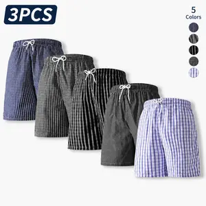 3-pack summer men’s plaid shorts, lightweight and breathable, casual shorts, men’s elastic waistband drawstring sports/casual beach shorts