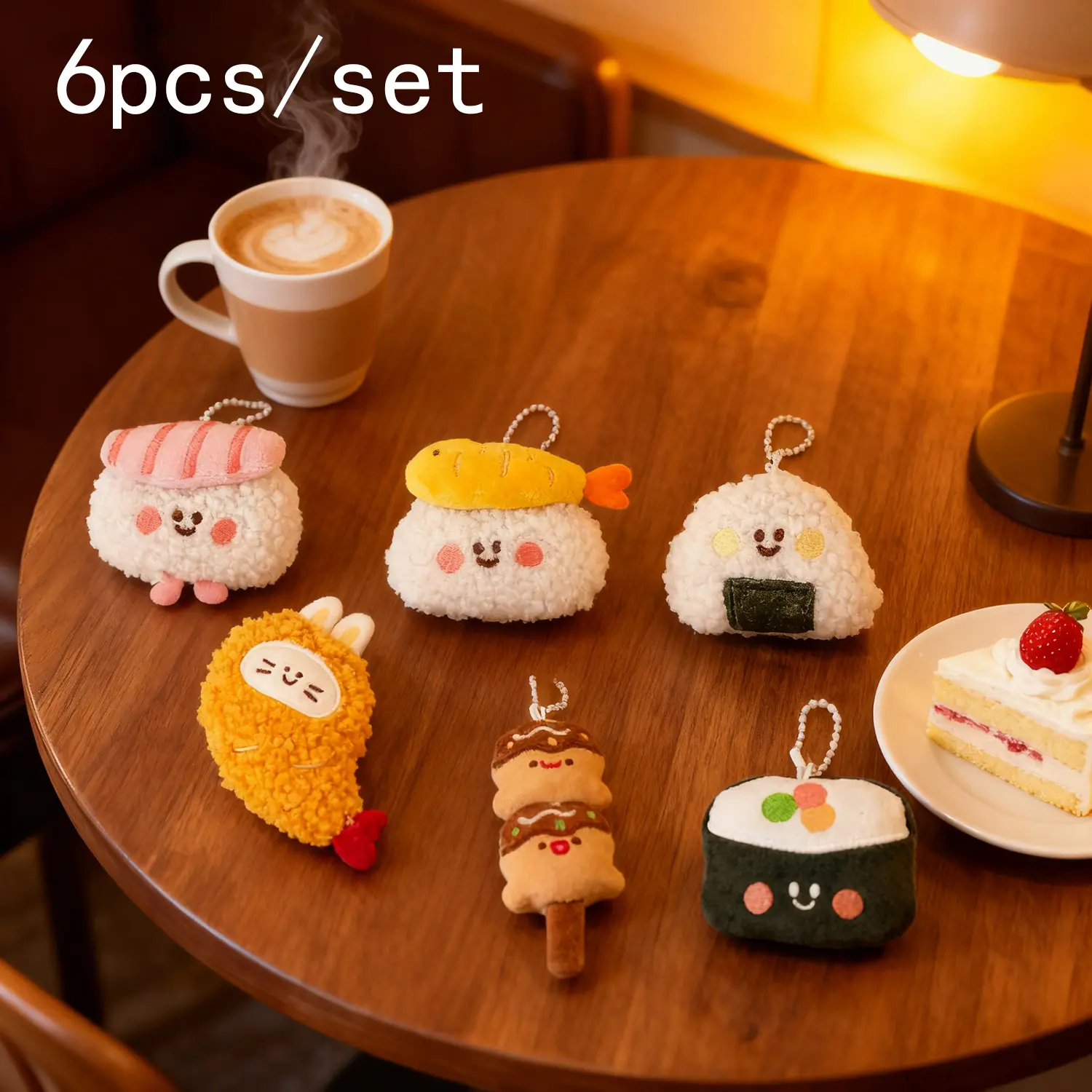 6pcs Kawaii Japanese Food Plush Keychains Set - 6-Style Soft Fluffy Cartoon Onigiri Tempura Sushi Bag Charms, Cute Small Gifts for Girls Teens, Lovely Birthday Presents for Women Kids