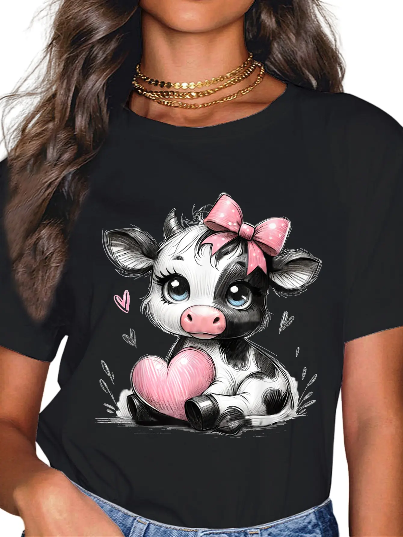 100% Cotton Awesome Black & White Cow Holding Heart Pink Coquette Bow T-Shirt