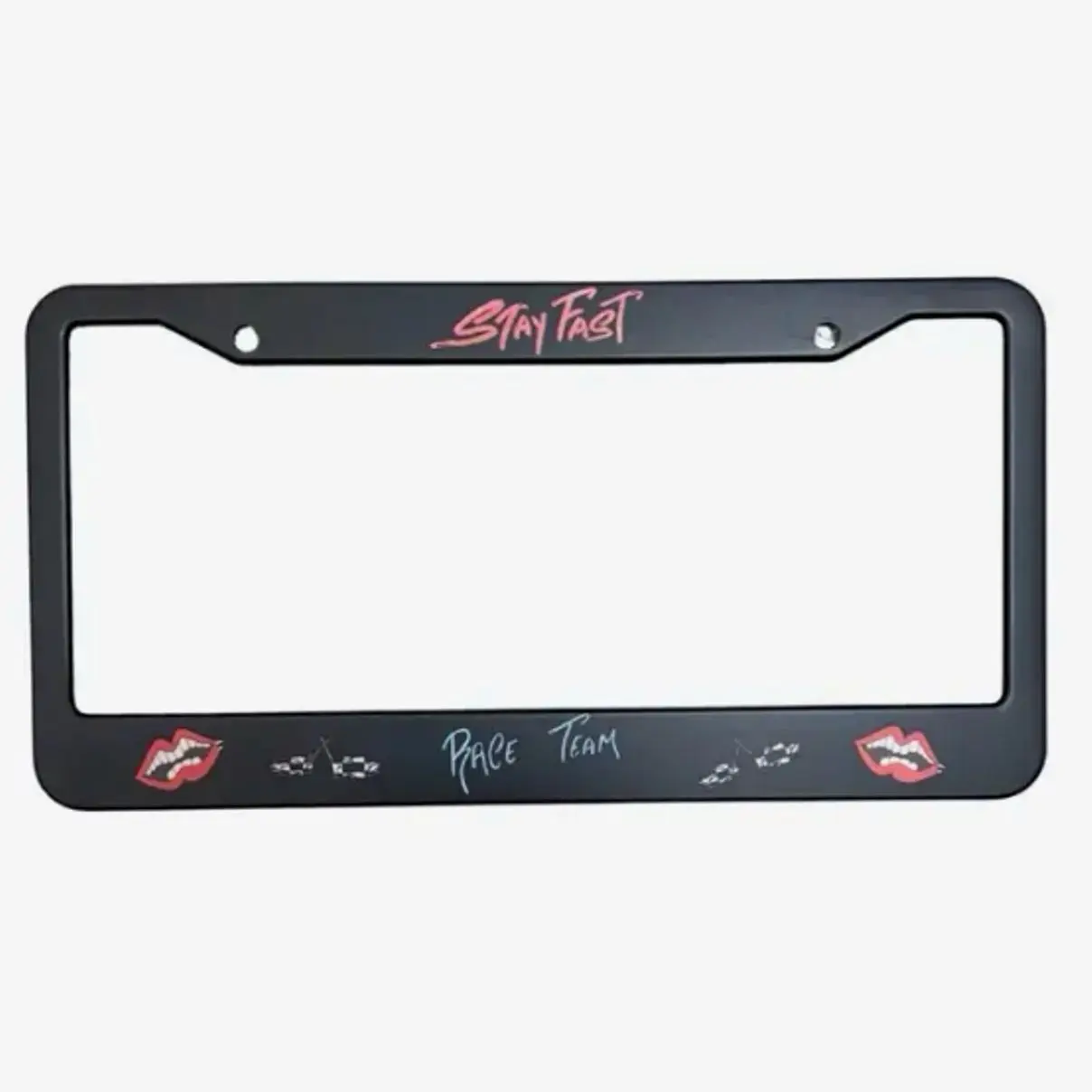 Chrome Matty License Plate Frame with Stay Fast Design and Race Team