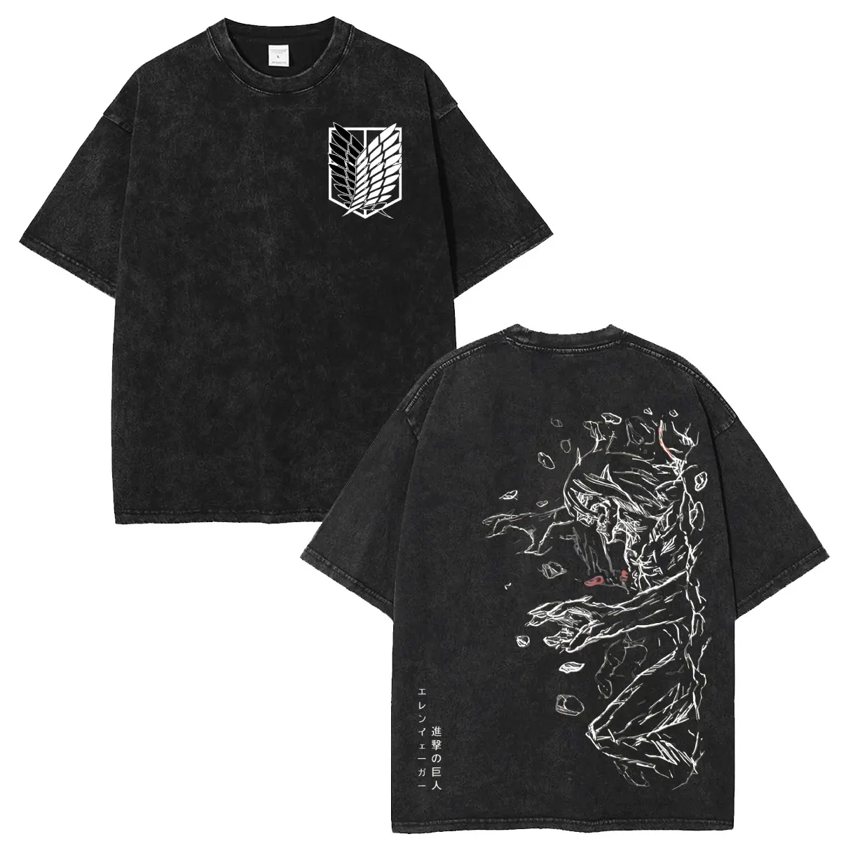 Unisex Anime Graphic Washed T-Shirt, Eren Yeager Scout Regiment Graphic Tee, Front & Back Print Short Sleeve Shirt