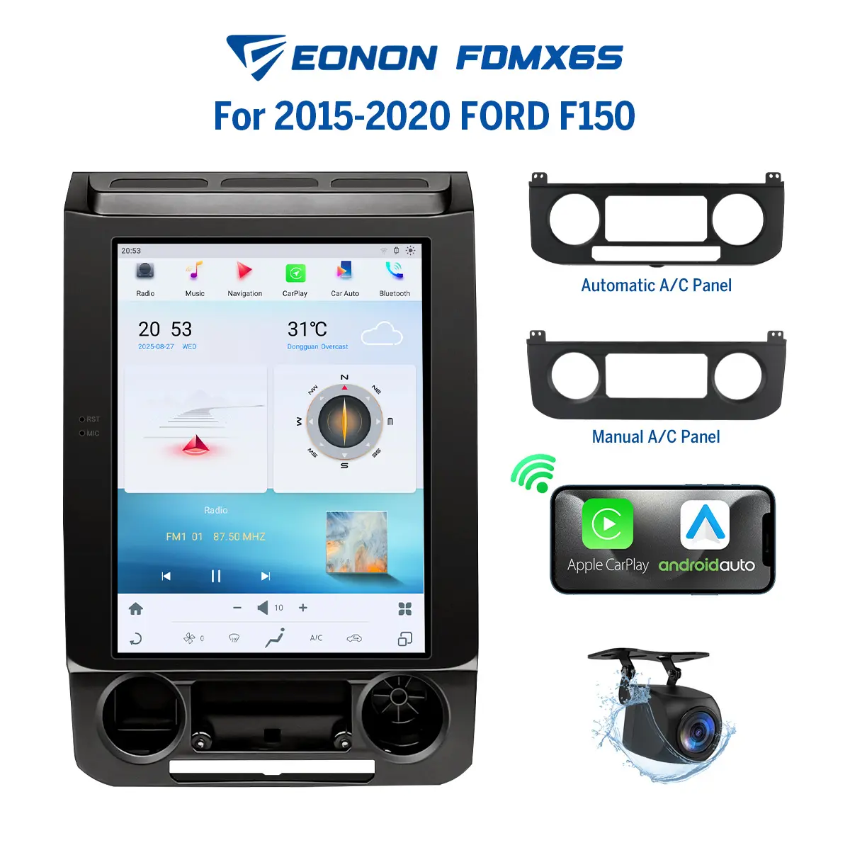 EONON 12.1 inch IPS Touch Screen Car Stereo for 2015-2020 Ford F-150, Android 13 Head Unit with Wired/Wireless CarPlay, Android Auto, Backup Camera, Dual Bluetooth 5.0, DTS Surround Sound, GPS, Sub, SWC, 4GB+64GB, Father's Day Gift - FDMX6S