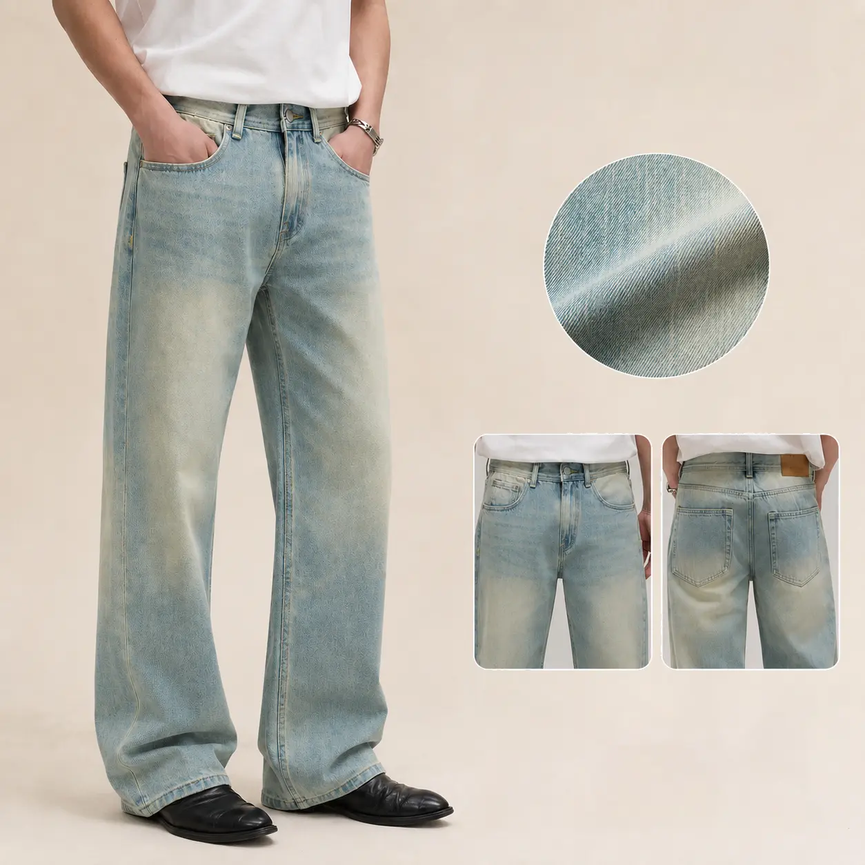 Men's Loose straight-leg Fit Wide Leg Stretch Durable Denim Pants,Light Wash Baggy all-season Jean Y2K Skater  commuter Streetwear Pocket stacked look#L047