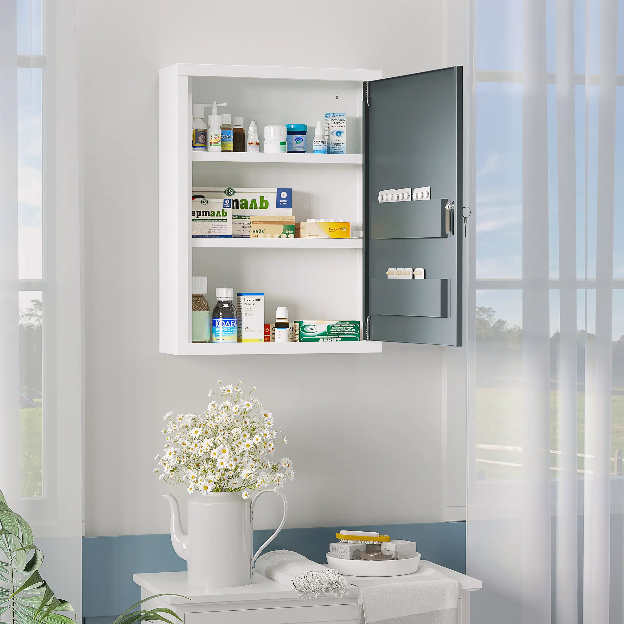 Lockable Medicine Cabinet with 2 Keys – 3-Tier Shelves + Door Storage. Keeps Medications Safe from Children & Pets. Wall-Mounted Saves Floor Space. Water & Rust-Resistant Steel. Holds 33 lbs. No Assembly. White & Grey