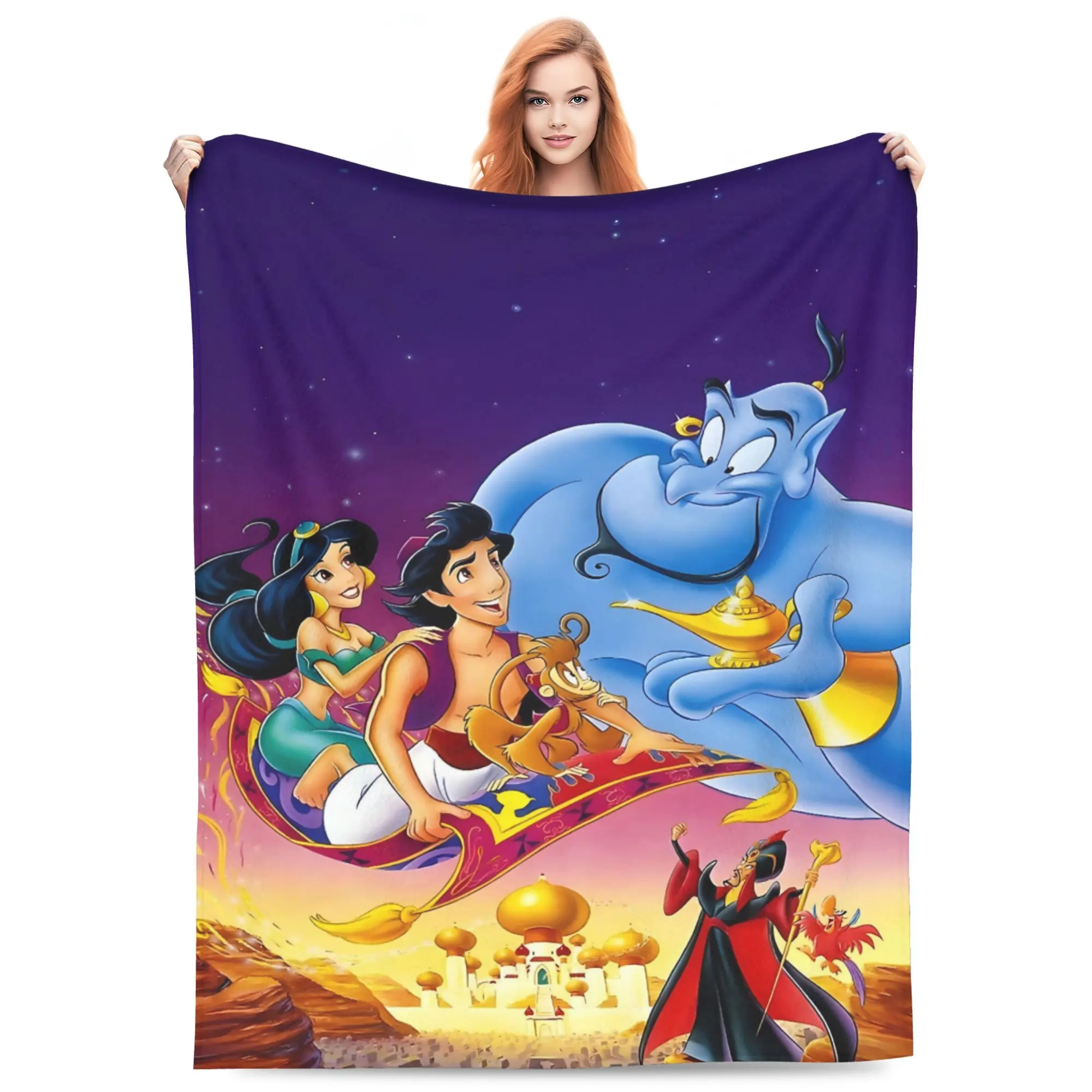 DISNEY CLASSIC Soft Flannel Throw Blanket Aladdin Princess Jasmine Genie Magic Lamp Cartoon Print Lightweight Cozy Fleece Blanket, Warm Decorative Blanket for Sofa Couch Bed Camping Kids Girls Women Birthday Holiday Gift