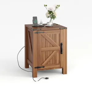Garvee Rustic Farmhouse Bedside Table with USB Charging Station – Sliding Barn Door, Adjustable 2-Tier Shelf – Modern Wooden End Table for Bedroom or Living Room – Stylish & Functional – Keep Devices Charged & Clutter-Free!
