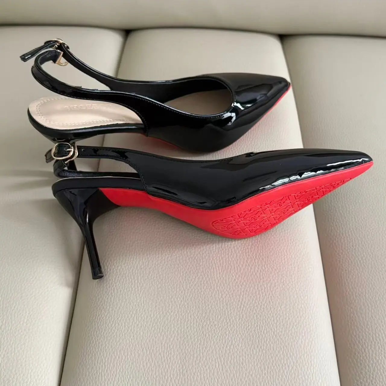 Women's Classic Patent Leather Pumps, Pointed Toe Slingback Design with an Adjustable Ankle Strap, 8cm Stiletto Heels with Red Soles for Party Glamour, Red Bottoms, Glossy Patent, Slingback Keeps Feet Airy