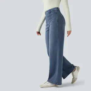 High Waisted Tummy Control Wide Leg Casual Jeans with Pockets