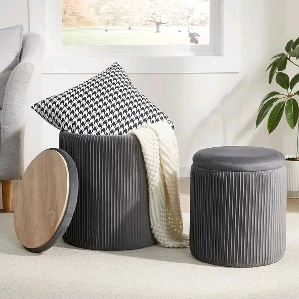 2PCS Grey Premium Upholstered Round Storage Ottoman Set - Vanity Stool, Hidden Storage Bench, Living Room Coffee Table