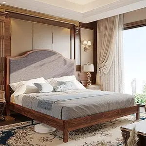 VanAcc Wooden Platform Bed Frame with Upholstered Headboard Solid Wood Bed, No Box Spring Needed