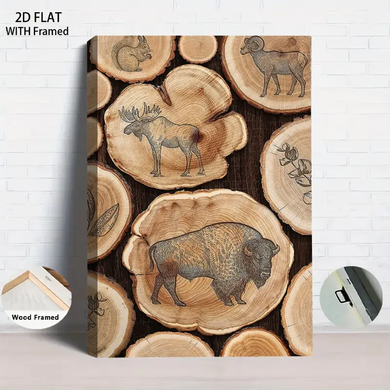 1Pcs Wood Framed Woodland Animal Engraved Canvas Wall Art with Natural Wood Frame Rustic Forest Theme Decor Moose Buffalo Ram Squirrel Illustrations for Living Room Bedroom Home Decoration Ready to Ha