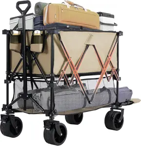 Double Decker Folding Wagon Cart, 440 lbs Large Capacity Utility Wagon with Brakes, Adjustable Handle & All-Terrain Big Wheels