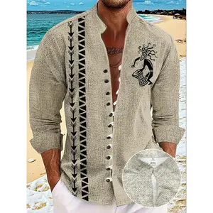 Men's Casual Shirt with Mandarn  Polyester Fabric, Regular Size for All Seasons, Buttons, Unstretched 120gsm - Ethnic Style for Outdoors Clothes Menswear