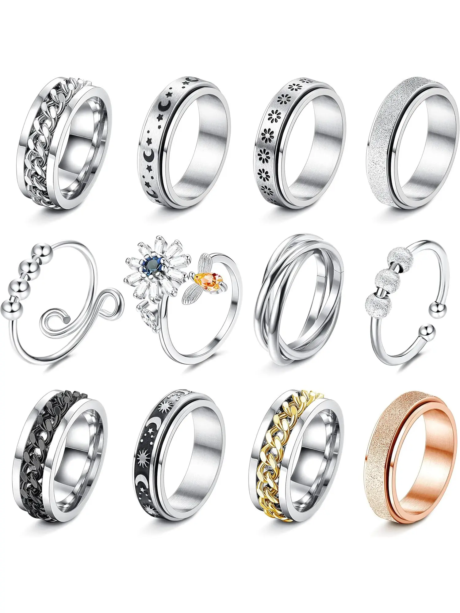 12PCS Fidget Anxiety Rings for Women & Men, Spinner Fidget Rings, Flower Moon Star Design, Stainless Steel, Adjustable Size 7, Stackable Stress Relief Rings Set