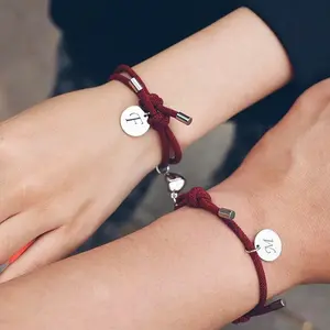 Custom Couple Knot Bracelets Engraved Initials Set of 2 Red Cord Personalized Jewelry for Lovers