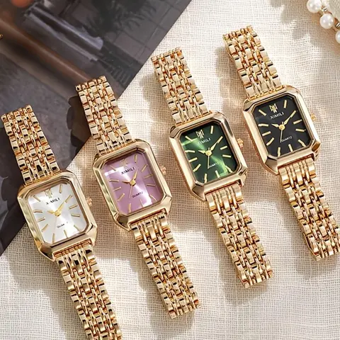 A set of trendy square women's watches, gold watches for women with steel straps, Fashionable wristwatches