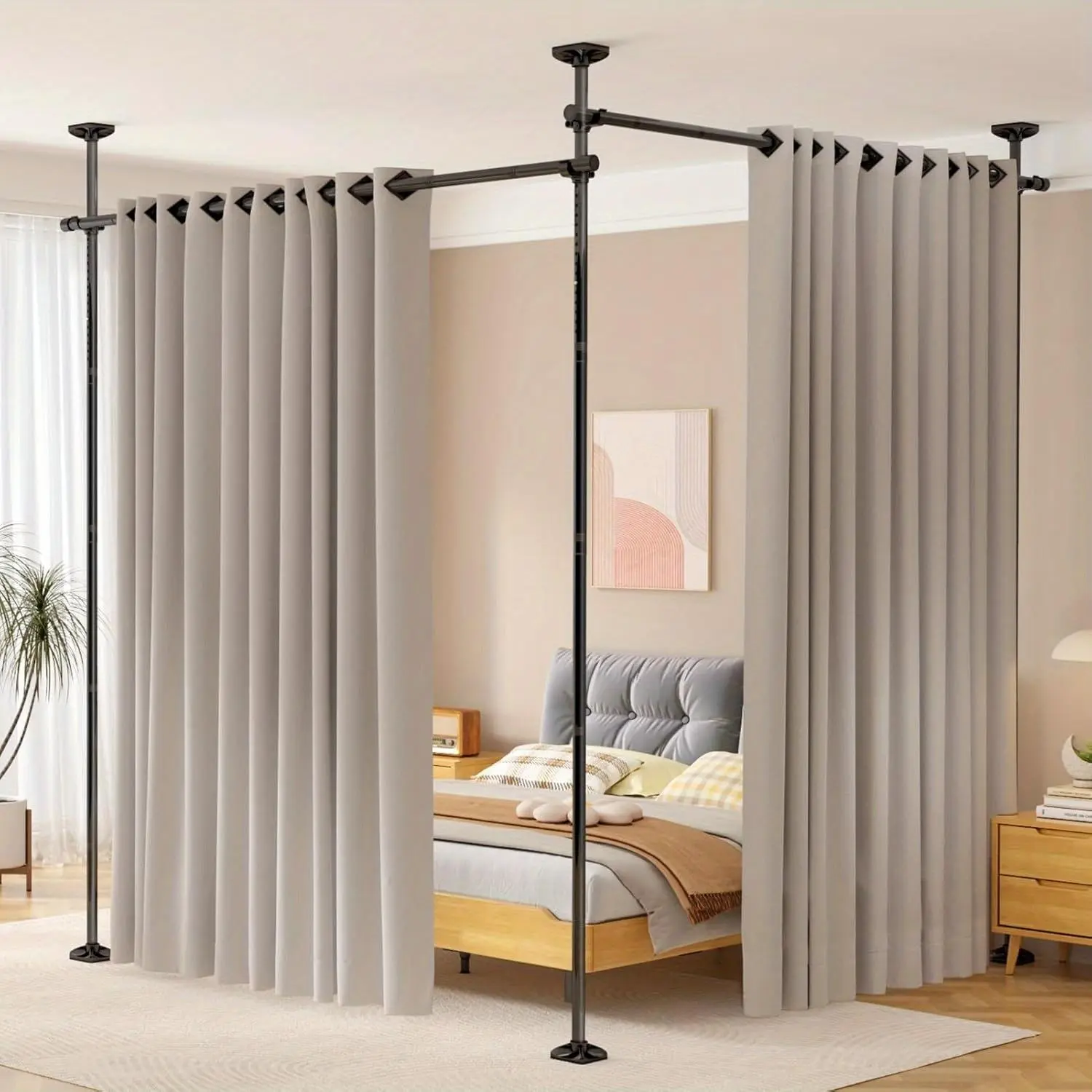 Adjustable No-Drill Curtain Rod Divider - Heavy Duty Freestanding Tension Stand for Room Separation, 4-10ft Height, 28-114in Width, Metal Construction, Black or White Options, Perfect for Modern Home Decor, Bedroom Privacy Screen Durable Curtain Rod