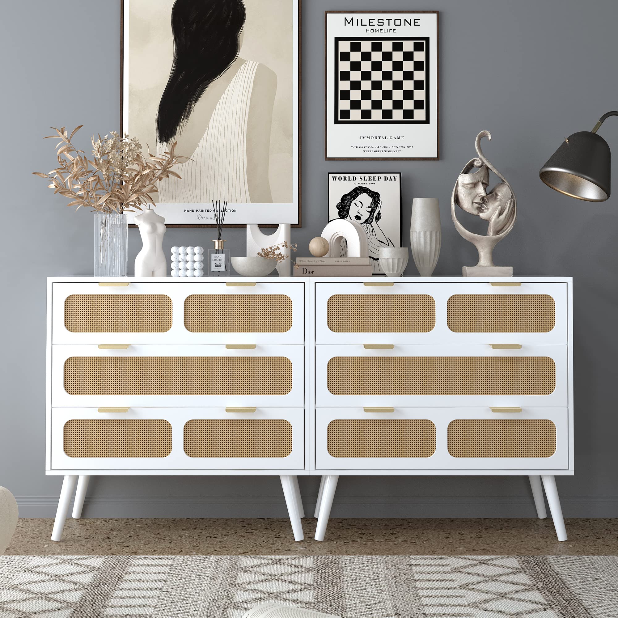 Giratree 3 Drawer Dresser, Modern Rattan Dresser Chest with Wide Drawers and Metal Handles, Farmhouse Wood Storage Chest of Drawers for Bedroom, Living Room, Hallway, Entryway