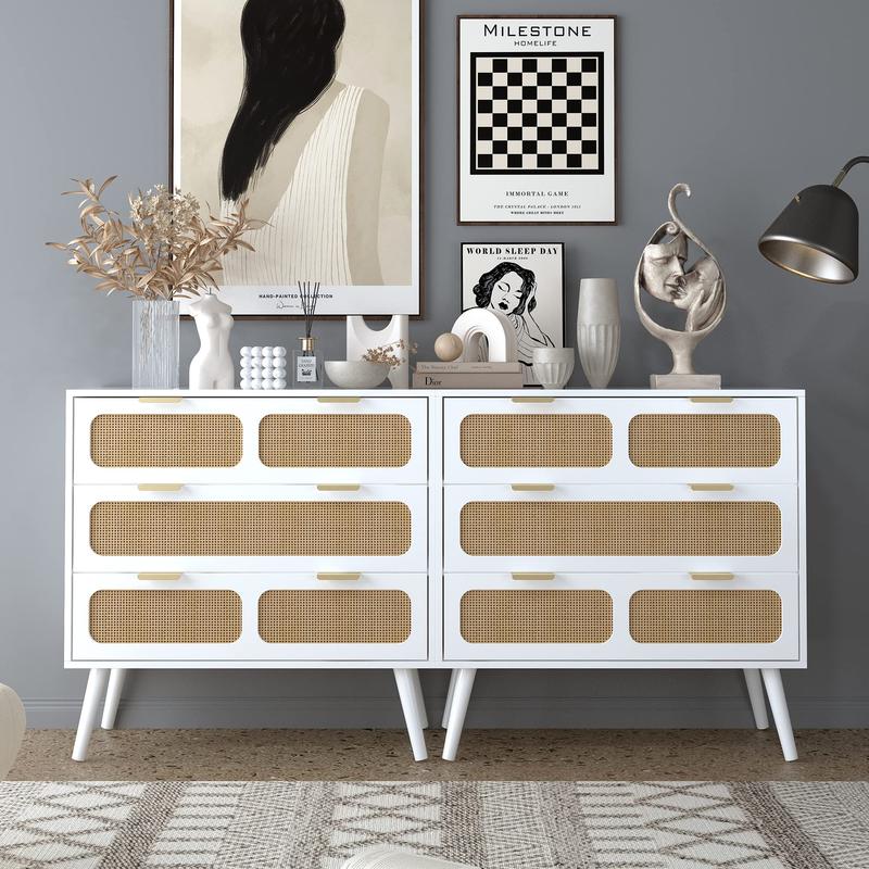 Giratree 3 Drawer Dresser, Modern Rattan Dresser Chest with Wide Drawers and Metal Handles, Farmhouse Wood Storage Chest of Drawers for Bedroom, Living Room, Hallway, Entryway