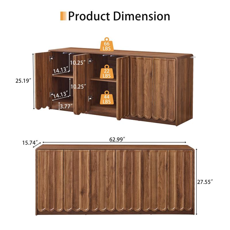 Giratree 63" Sideboard Buffet Cabinet with Storage, Low Storage Cabinet Modern Wooden Accent Credenza Console Table TV Stand with 6 Wave Panel Doors for Kitchen Dining Living Room Entryway