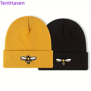 Cuffed Acrylic Knit Beanie with Cute Bee Embroidery for Women and Men, Warm Winter Hat for Street and Sports Wear