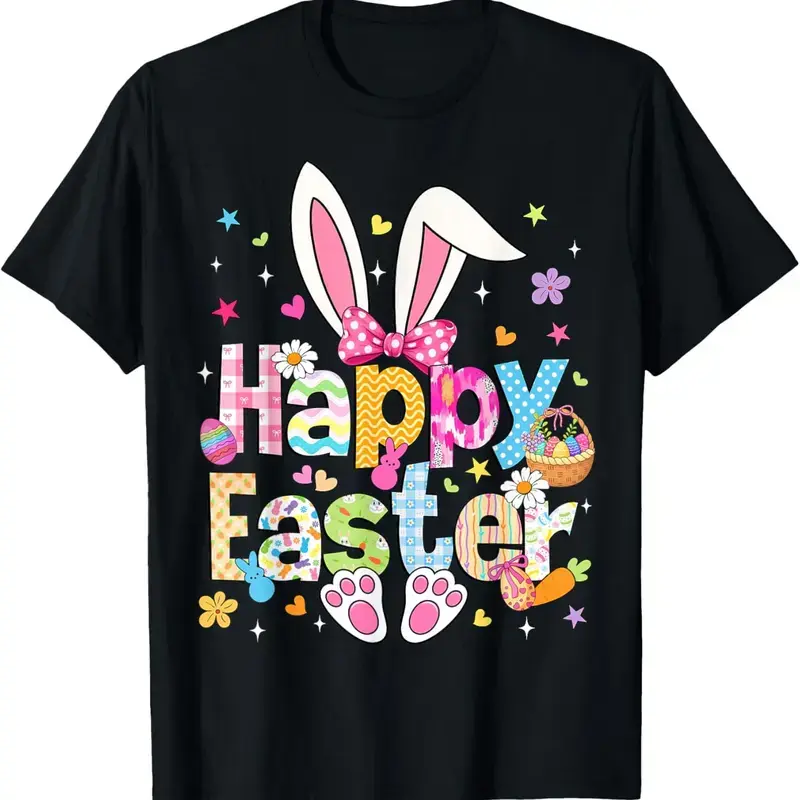Women's Cotton Short-Sleeve Casual Garment, Comfortable Easter Bunny Vibes T-Shirt with Colorful Happy Easter Lettering, Cute Spring Must-Have Outfit A312, Shortsleeve