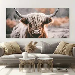 3-Piece Set Frame Canvas Highland Cow Wall Art Contemporary Large Painting Farm Animal Picture Poster Living Room Bedroom Corridor Dining Room Wall Decoration Hanging Painting Can Be Hanged Directly