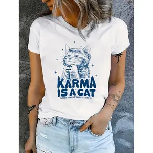 Karma Is A Cat Print T-shirt, Casual Short Sleeve T-shirt For Spring & Summer, Women's Clothing