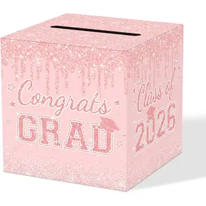 Pink Graduation Congrats Card Box, 2026 Rose Gold Graduation Party Decorations Graduation Money Card Boxes Holder Graduation Gift Grad Parties 8.7 x 8.7 x 8.7 Inch
