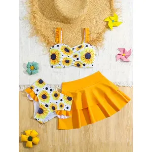 [Sunflower Print Bikini] 3pcs Girls' Bikini Set| Sunflower Print, Ruffle Straps + Swim Skirt, Perfect for Beach Vacation